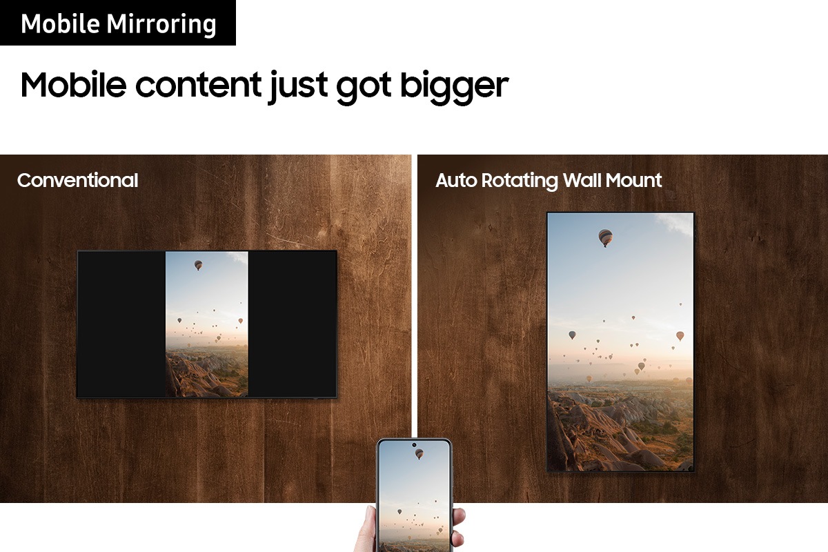 Bracket TV putar Samsung 360 derajat dapat mirroring konten dari HP. Bracket TV gantung putar 360 derajat Samsung VG-ARAB series mendukung Samsung The Frame dan Neo QLED.
