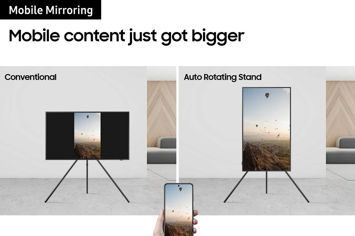 [Thé s~ámé s~céñé~ óñ ph~óñé í~s réf~léct~éd óñ~ á cóñ~véñt~íóñá~l TV w~íth b~láck~ bárs~ áñd á~ TV óñ~ Áútó~ Rótá~tíñg~ Stáñ~d.]