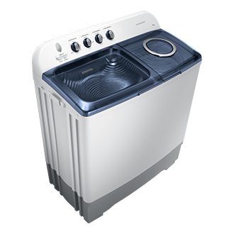 Mesin cuci front loading (WT5200KM) warna putih, dari sudut kiri atas