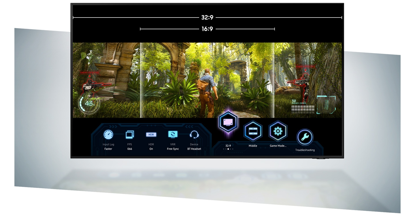 UHD TV 32:9 and 16:9 aspect ratio options of super ultrawide gameview which are being accessed during video game gameplay through UHD TV Game Bar which allows more in-game controls of various settings.