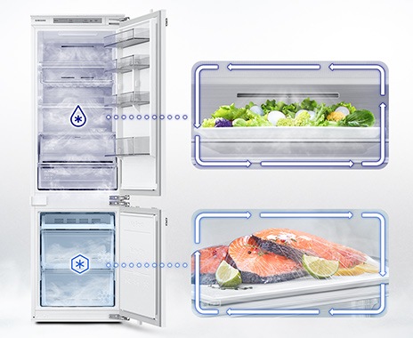 The BRB6000M's door opened. Cool air with moisture keeps the salad in the refrigerator compartment cool and moist. Cold air with moisture keeps salmon, lemons, and lime in the freezer fresh.