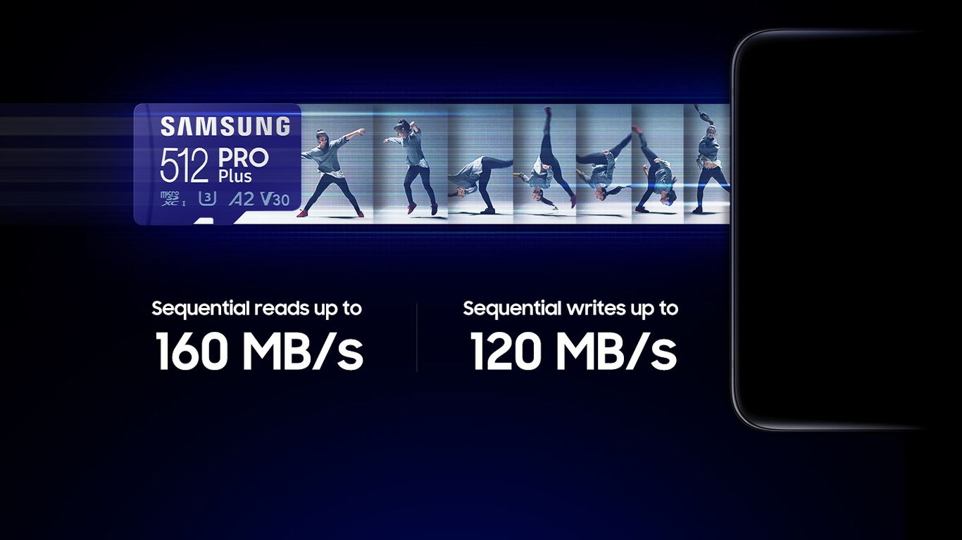 Prikazane su uzastopne fotografije koje se mogu snimiti microSD karticom.  Brzina sekvencijalnog čitanja do 160MB/s, brzina pisanja do 120MB/s