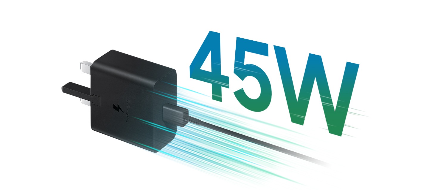 A black USB Type-C adapter has green streaks around it indicating super fast charging. The text 45W is above the cable in green.