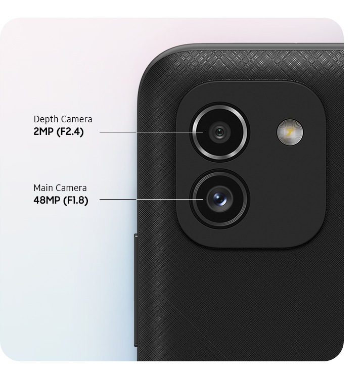 A rear close-up of advanced Dual Camera on the black model, showing F1.8 48MP Main Camera and F2.4 2MP Depth Camera.