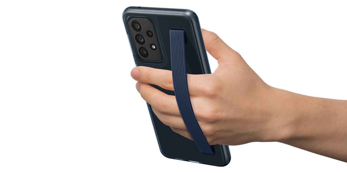A hand is holding onto a Galaxy A33 using a black tint Slim Strap Cover with an navy slim strap.