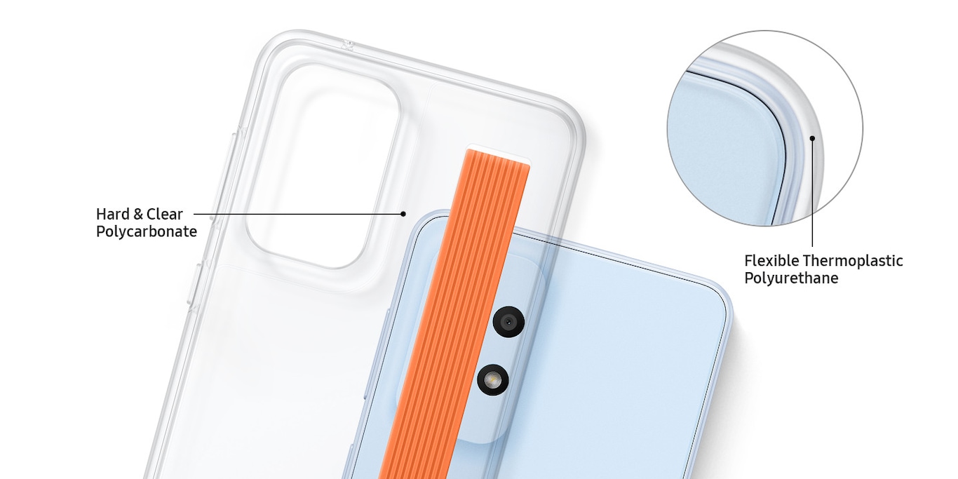 The Translucent Slim Strap Cover is shown with detailed zoom-in views of the case corner. Text reads Hard & Clear Polycarbonate, Flexible Thermoplastic Polyurethane.