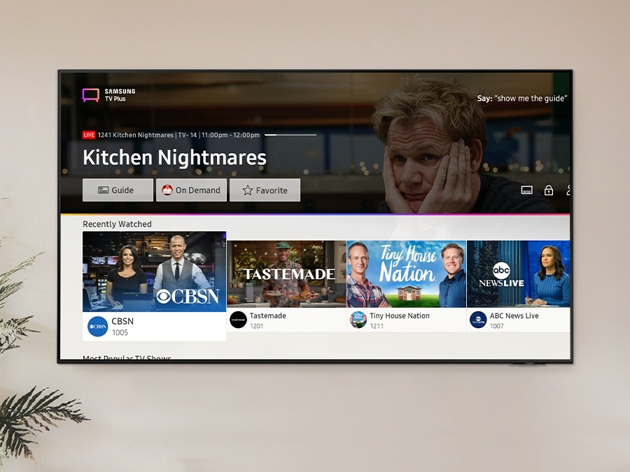 Samsung TV Plus user interface image shows various images of popular content. 