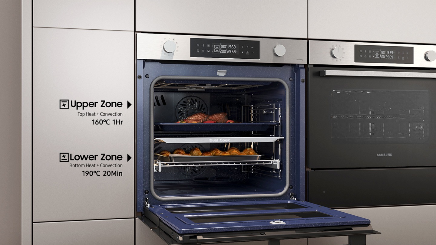 Shows the upper and lower zones of the Dual Cook Flex system being used independently to cook different dishes at the same time with different settings: the upper zone using top heat + convection for 1 hour at 160°C and the lower zone using bottom heat + convection for 20 minutes at 190°C.