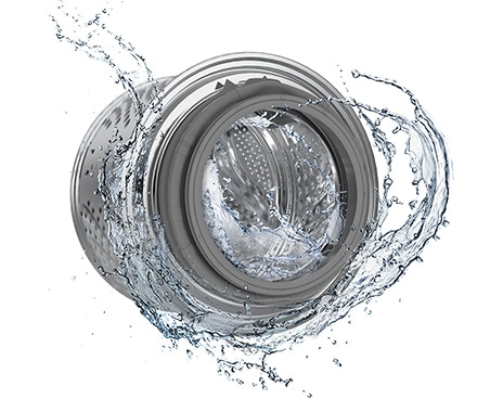 The washer drum is surrounded by clean water and water jets are cleaning the inside.