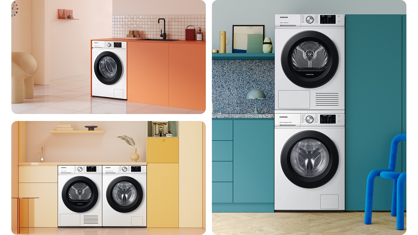 The washers and dryers sets are seamlessly installed in various living spaces.
