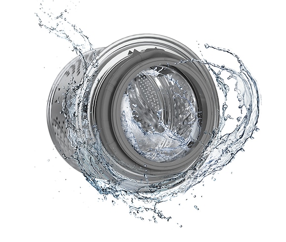 The washer drum is surrounded by clean water and water jets are cleaning the inside.