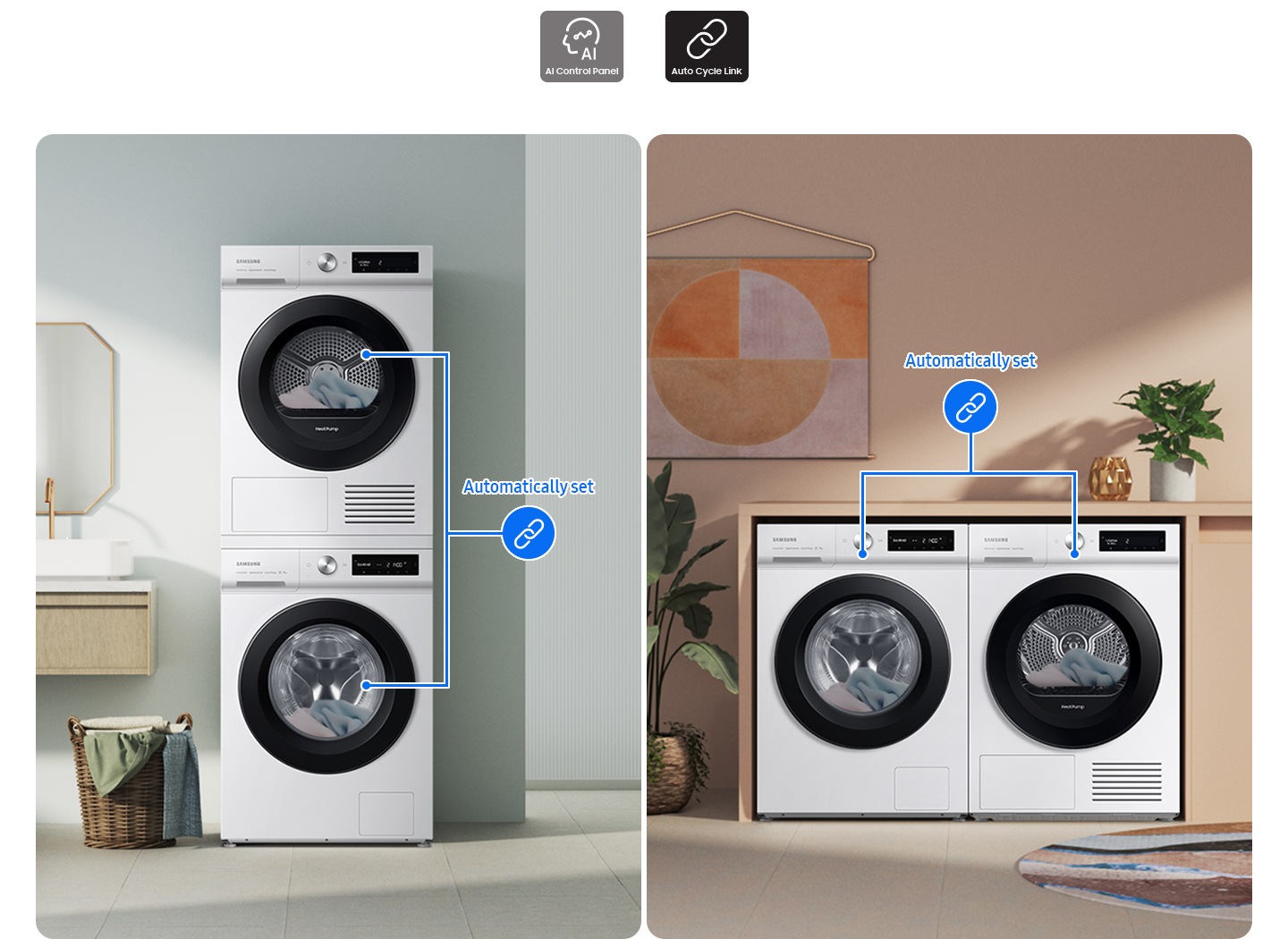 Two sets of washers and dryers are placed differently in two separate living spaces. Drying cycles are automatically set.