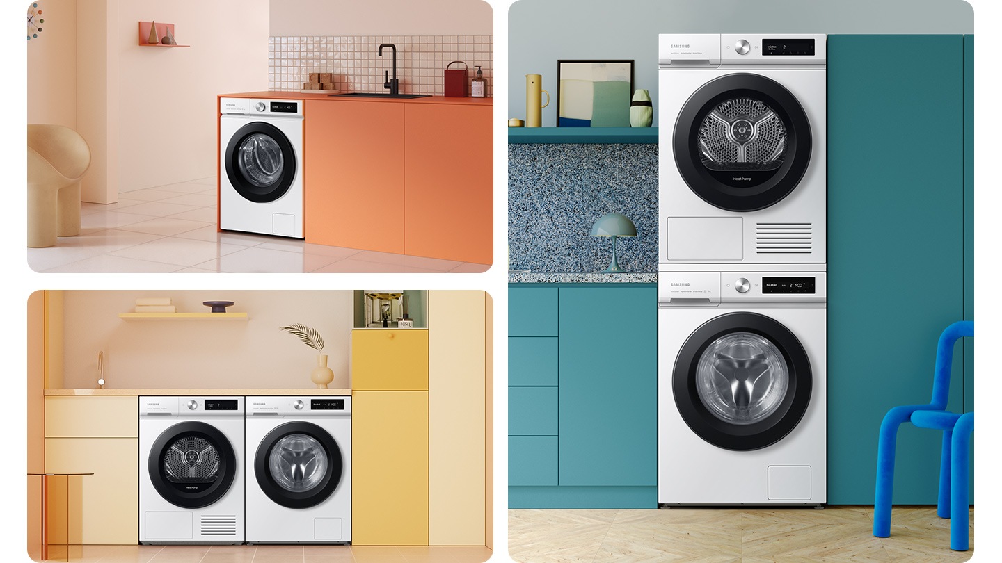 The washers and dryers sets are seamlessly installed in various living spaces.