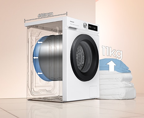 The depth of the washer drum is increased to 600mm, so it can hold up to 11kg of laundry, even a large duvet.