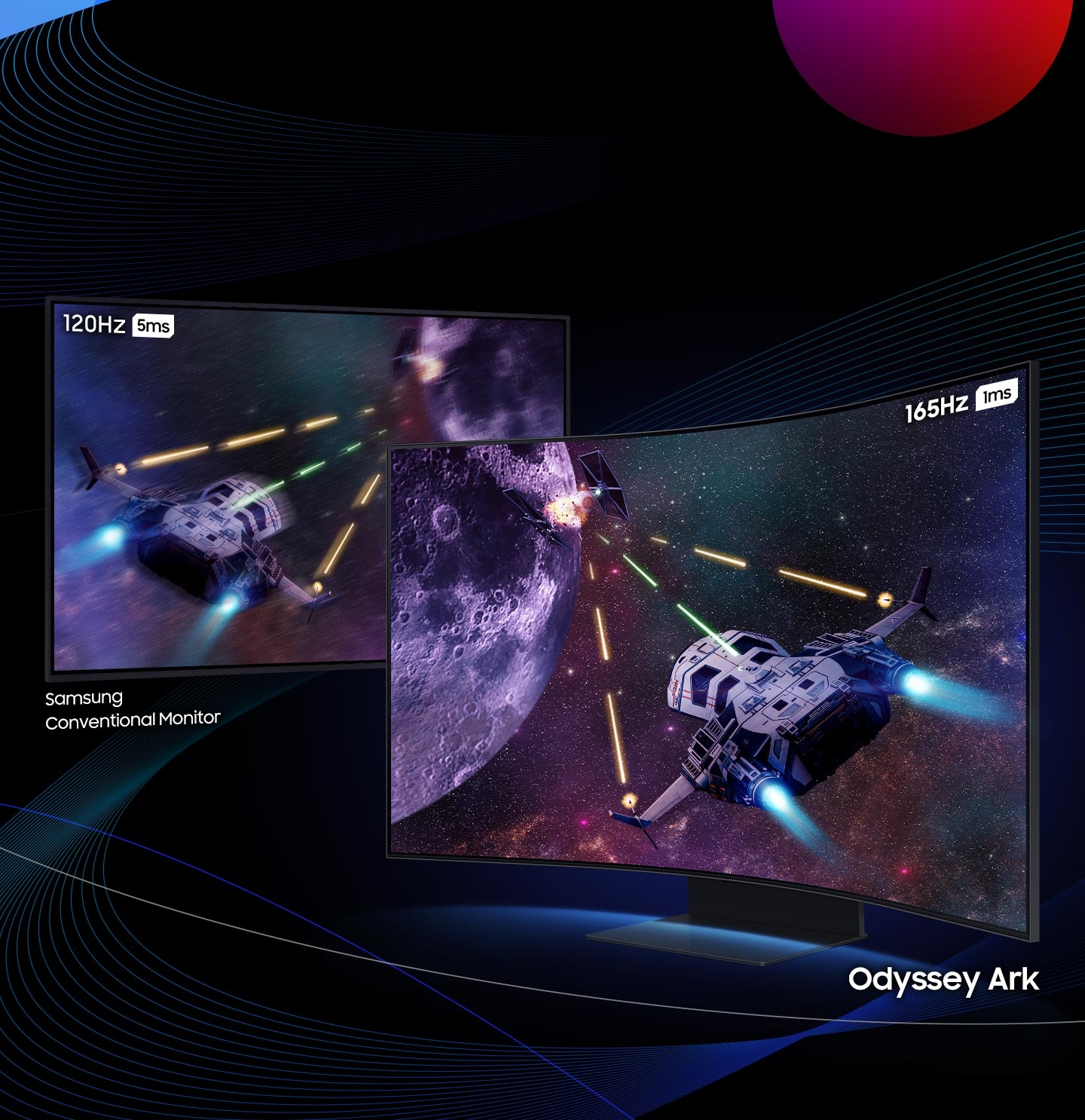 Two rocket ships are flying away firing missiles at the same planet. The screen is split diagonally with the left side showing 120Hz refresh rate and 5ms response time compared to the right side which shows 165Hz refresh rate and 1ms response time, demonstrating the difference between a conventional monitor and Odyssey Ark.