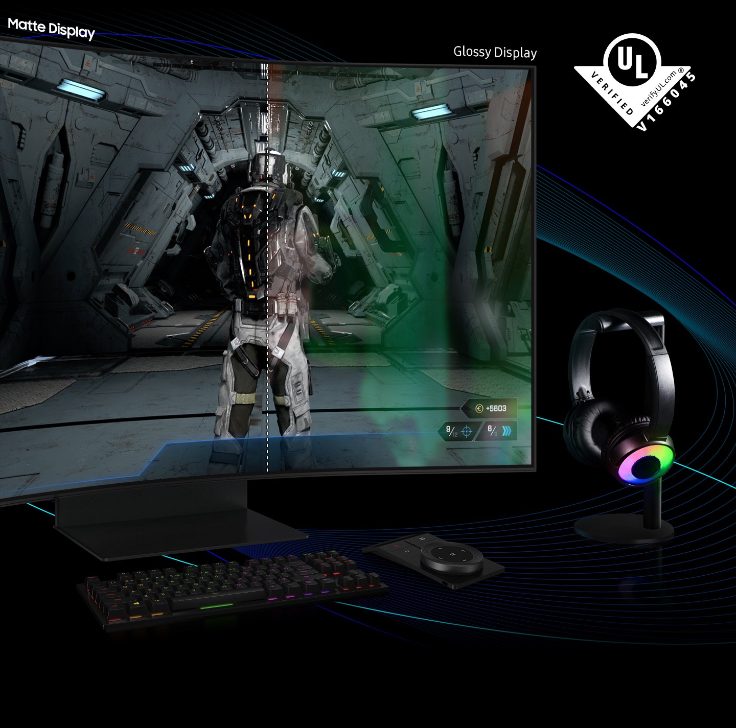 The gamer's face is seen reflected to the screen. A dotted line scans across the screen from left to right. &quot"Matte Display&quot" on the left is not seen with reflected the gamer's look, while &quot"Glossy Display&quot" on the right still shows as his reflected. The UL verification logo on the right corner.