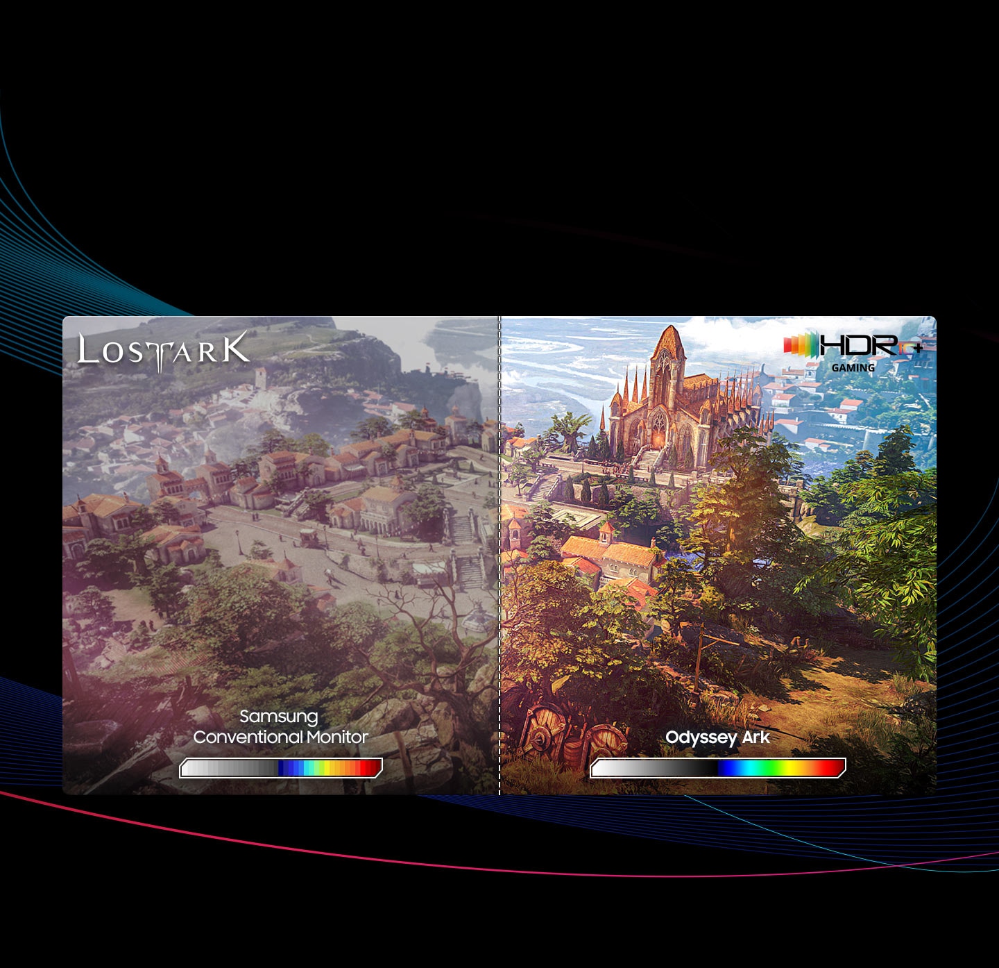 Two villages against a mountainous backdrop are on the left and right side of the monitor. The right side shows what the Odyssey Ark delivers, which shows clearer and more vivid colors than conventional, the left side. Two bars of black-and-white and color in the bottom get longer and more refined as it's changed from conventional to Ark. In the top left corner of the monitor is the word 'Lost Ark'.