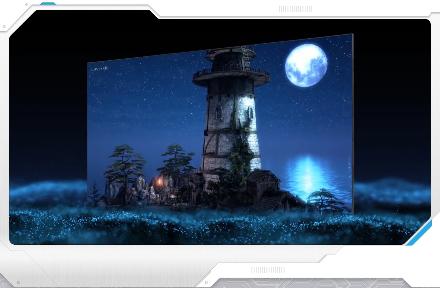 Samsung Neo Quantum Processor is shown with the square chip label in the middle. And it transitions to show a nighttime scene from the Lost Ark game on the screen, zooming out on an abandoned lighthouse under the moon and surrounded by trees. The screen is angled to the left.