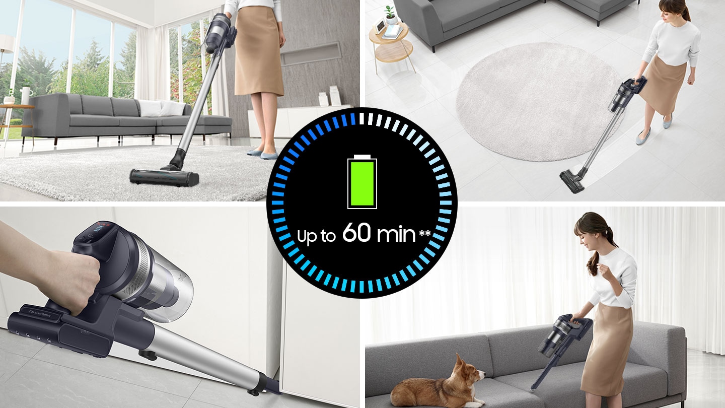 A person cleans the room corner with a jet 75 equipped with an extension crevice tool and cleans the sofa. Jet 75 can also work on a hard floor and carpet. Battery allows cleaning for up to 60 minutes.