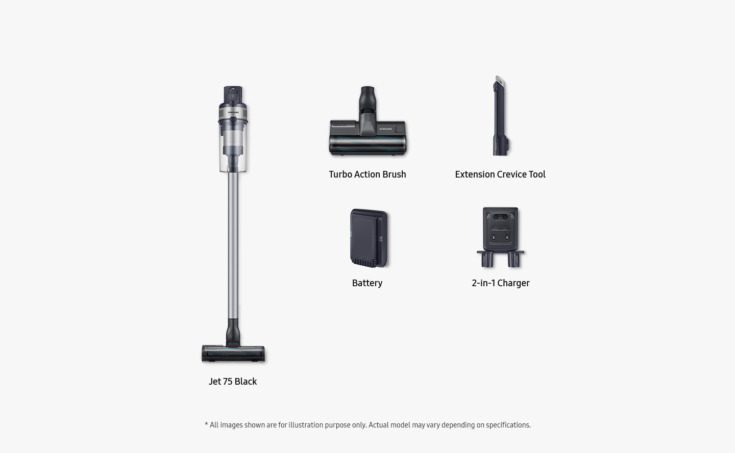 Items included inbox shown: Jet 75 black, turbo action brush, extension crevice tool, battery and 2-in-1 charger.
* All images shown are for illustration purpose only. Actual model may vary depending on specifications.