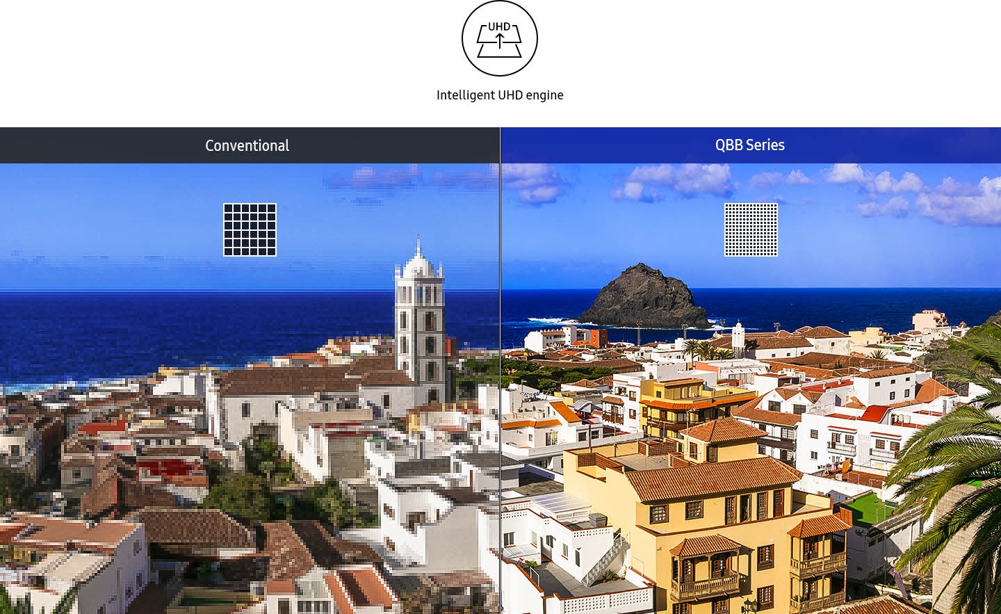 Conventional has large pixels, so there are parts where the pixels are broken, but in QBB Series, the pixels are small and the screen is clearly displayed without breaking each pixel. There is an Intelligent UHD engine icon at the top.