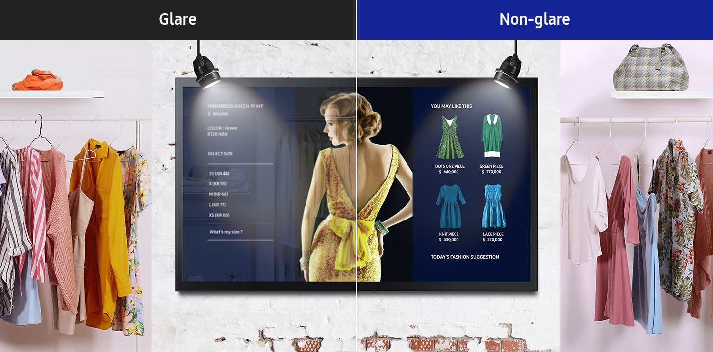 Glare and Non-glare are compared on the wall of a shopping mall. Glare screens reflect light when illuminated, making it difficult to see the contents of the screen accurately. The Non-glare can see the contents accurately and clearly even in bright light.