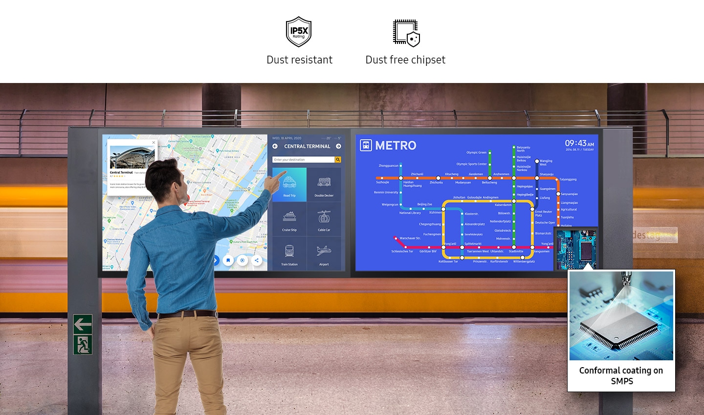 There are Dust resistant and Dust free chipset icons. A QMB-T is installed on a subway platform, and a man is touching the screen. The subway line is displayed on the left, and the conformal coating on SMPS image is enlarged on the bottom.