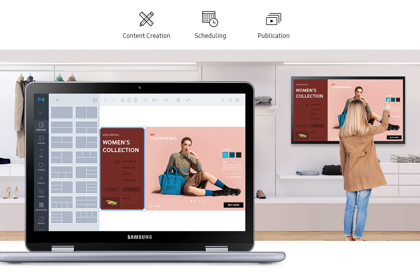 There are Content Creation, Scheduling, and Publication icons. A woman in a clothing store is touching the blue color of the QMB-T screen. Control the screen with MagicINFO solution on the laptop.