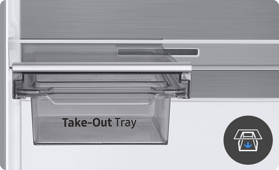 The tray is fitted right under the shelf. You can pull the tray forward and take it out.