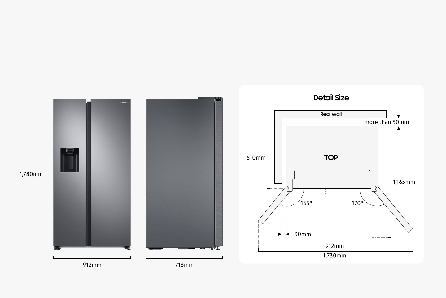 The RS8000C is 1,780mm high including the hinge, 912mm wide, and 716mm deep including the handle. The depth is 610mm excluding the door. The left door can be opened 165 degrees maximum to the left, and the right door can be opened 170 degrees maximum to the right. When both doors are opened to the max, the total width is 1,730mm. When both doors are opened to 90 degrees, the total depth is 1,165mm. When installed, RS8000C needs more than 50mm of space from the rear wall, and 30mm of space from the side walls.