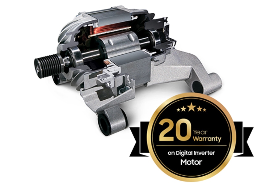 The washer motor with digital inverter technology gives a 20-year warranty.