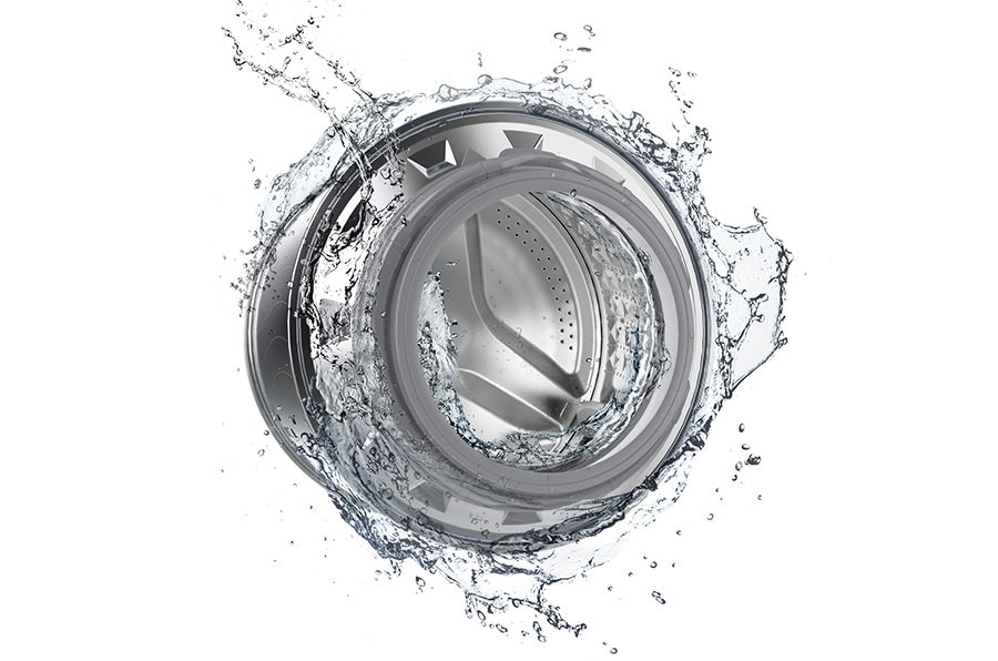 The washer drum is surrounded by clean water and water jets are cleaning the inside.