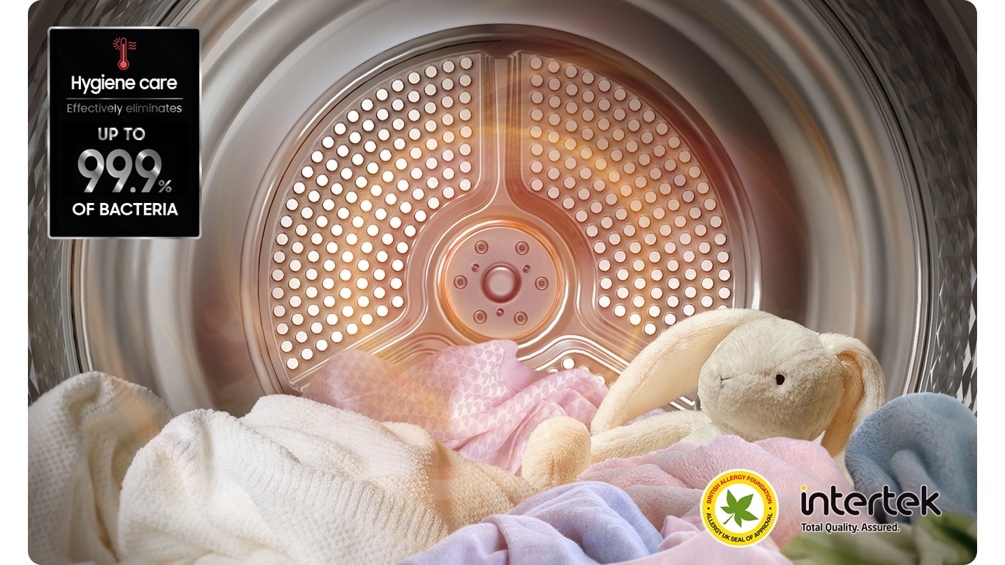 High temperature heat is emitted from Heater inside the DV5000C drum, drying clothes and dolls. Hygiene care effectively eliminates up to 99.9% of bacteria and certified by Intertek.