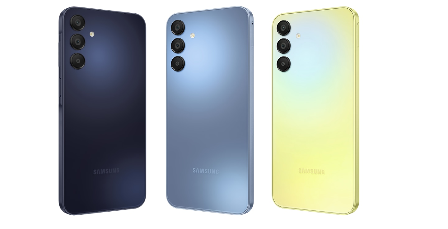 Three Galaxy A15 5G devices are shown with all of them showing their backsides. The devices colourways are, from left to right, Blue Black, Blue and Yellow.