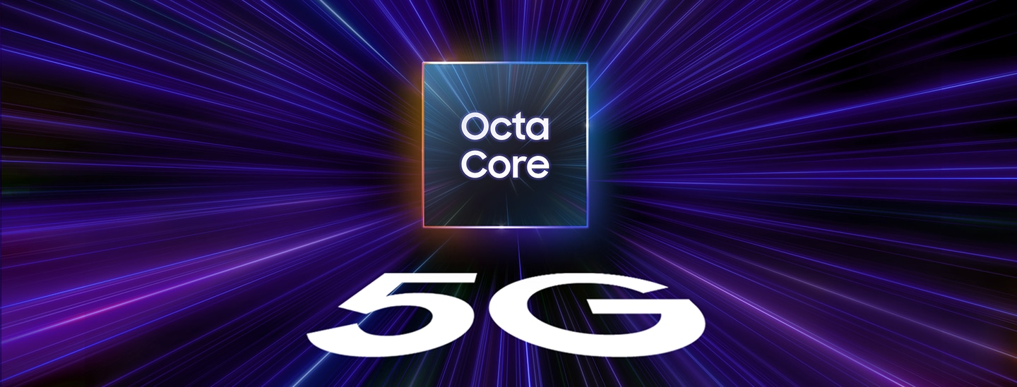 Text inside a cube reads 'Octa Core'. Below it in larger letters reads '5G'. Beams of light all merge into the center of the cube. 4GB/6GB/8GB Memory, 128GB/256GB Storage.