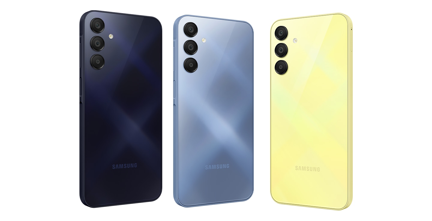 Three Galaxy A15 devices are shown with all of them showing their backsides. The devices colourways are, from left to right, Blue Black, Blue and Yellow.