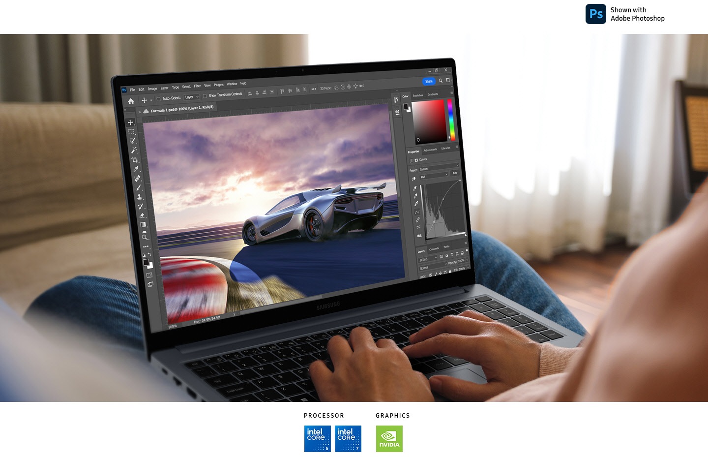 A person sitting at home is using Galaxy Book4 in Gray to edit an image of a racing car open in Adobe Photoshop app onscreen Adobe Photoshop logo Intel Core 5 Intel Core 7 processor logos and NVIDIA graphics logo are shown