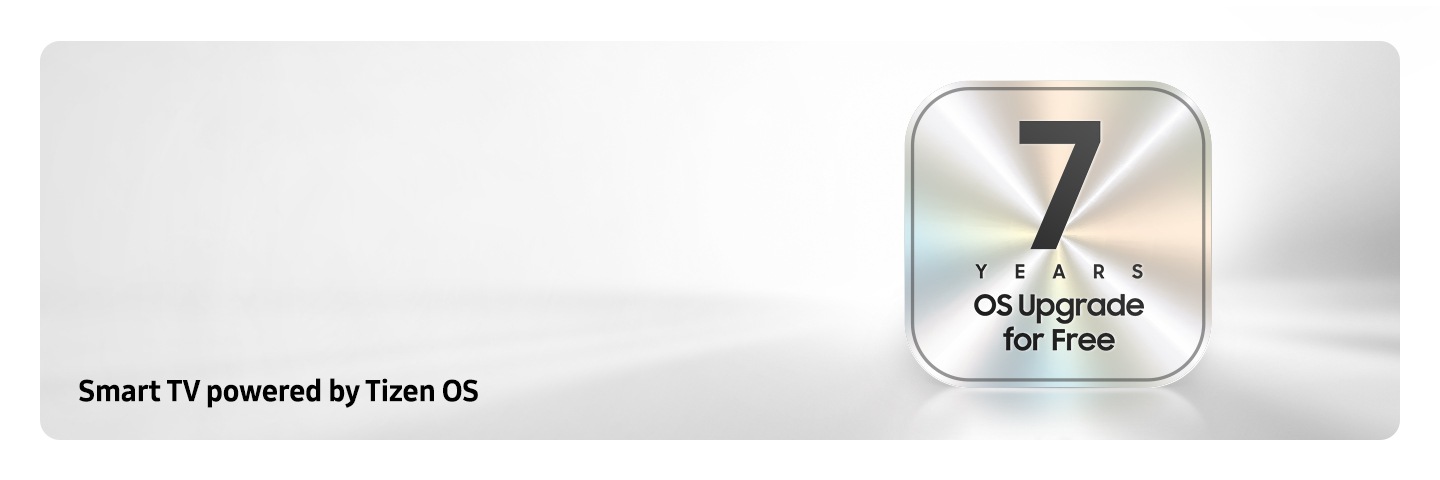 A white gradient background with a metallic badge displaying ‘7 Years OS Upgrade for Free’ in bold text and ‘One UI Tizen’ in the bottom left corner.