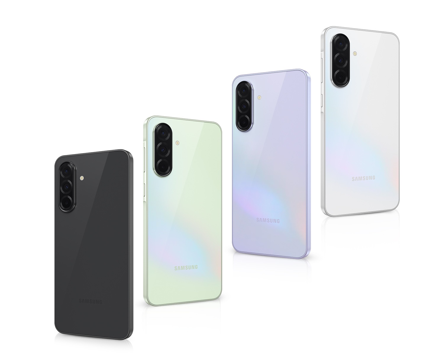 Four Galaxy A36 5G devices tilted in different directions showing the rear view. The device on the far left and second from the right are tilted toward the right. The device on the far right and second from the left are tilted toward the left.
