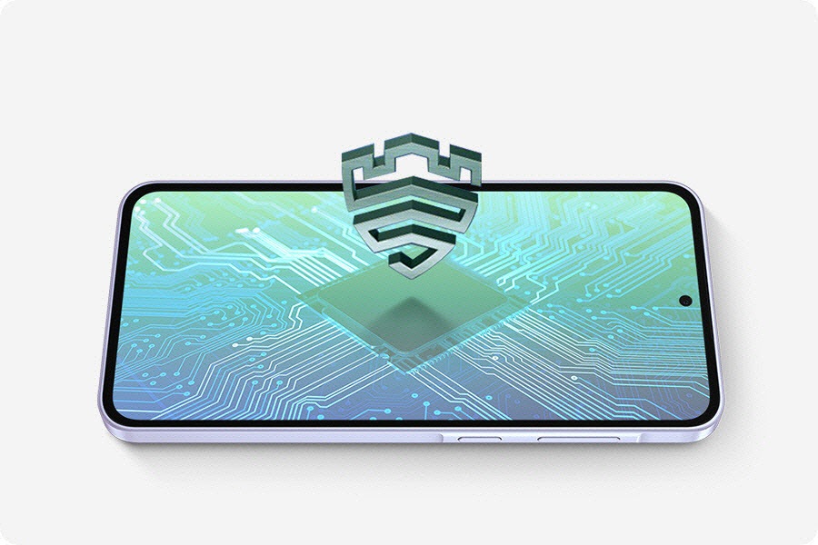 A horizontally placed Galaxy A36 5G displays a blank screen that turns on to show the Samsung Knox Vault icon upright. Display shows the interior of a smartphone with a processor placed in the center.