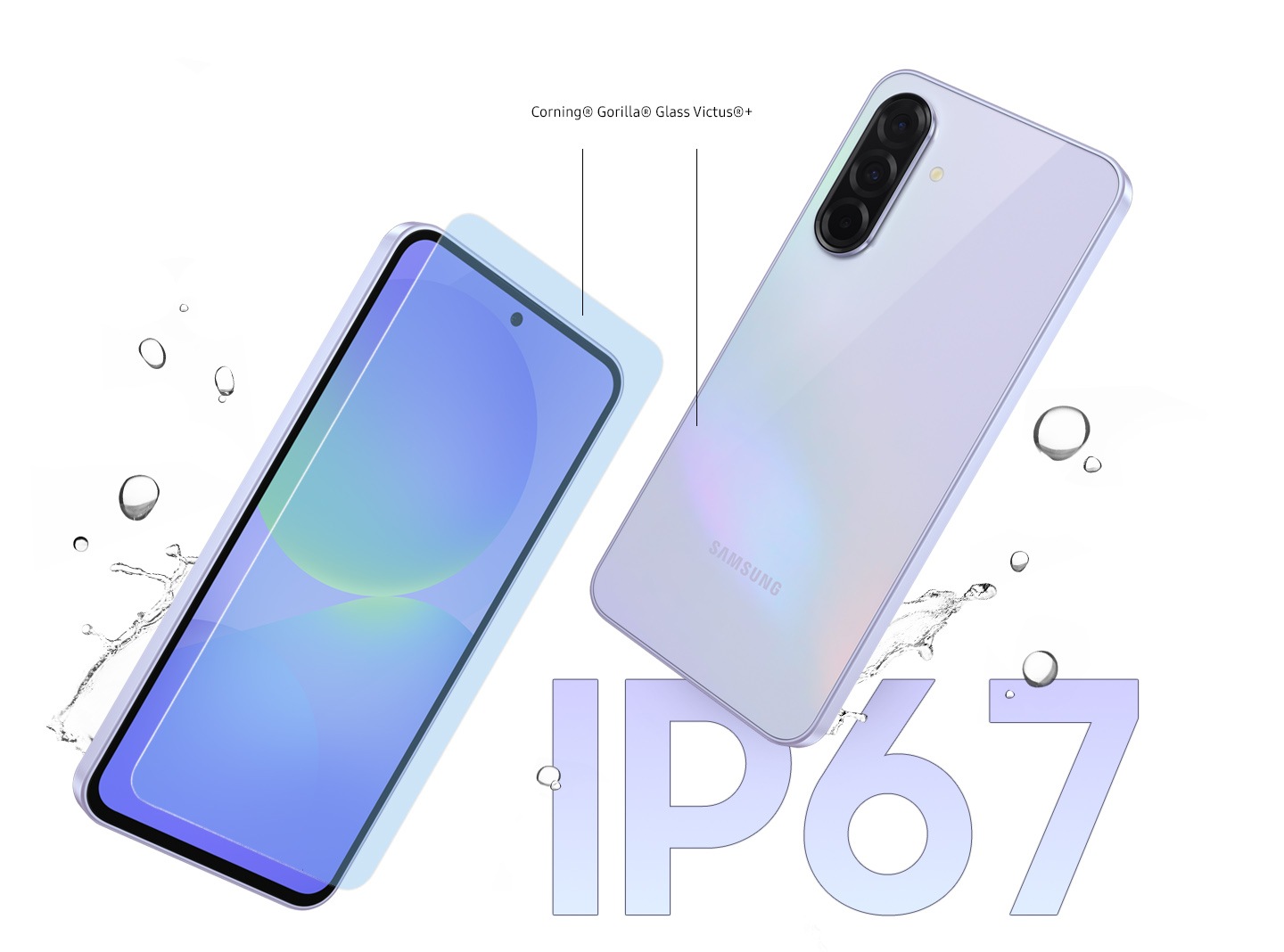 Two Galaxy A36 5G devices can be seen. The one on the left is in a slightly tilted front view. Glass layer in front of the screen. Text Corning registered Gorilla registered Glass Victus registered plus can be seen between the front and back glass. The device on the right is in a slightly tilted rear view. In the background are splashes of water to indicate durability.