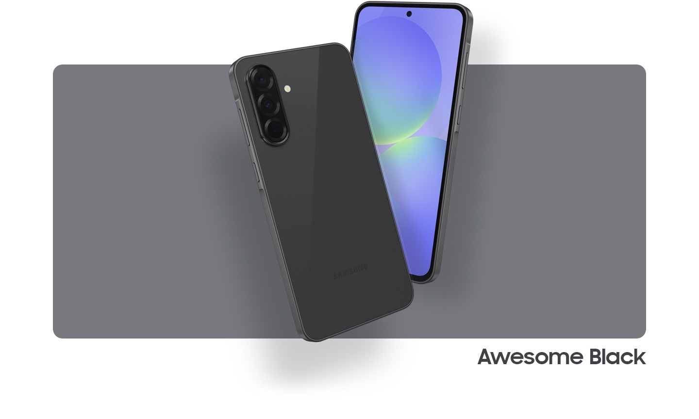 Two Galaxy A36 5G devices in  Awesome Black. One showing the front view with an abstract graphic onscreen. The other, showing the camera layout and rear view in Awesome Black.
