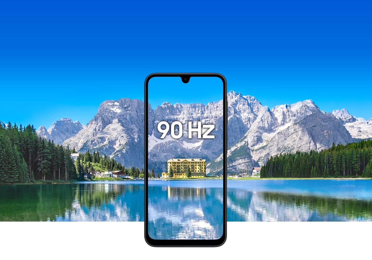 Galaxy A17 5G displaying a vivid mountain and lake scene with the text '90Hz' on screen, highlighting its 6.7-inch Super AMOLED display and 90Hz refresh rate.