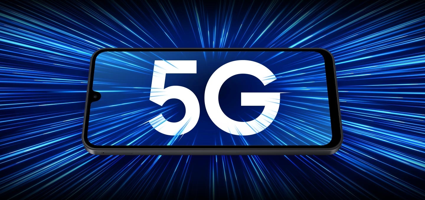 Galaxy A17 5G display with a bold 5G graphic, representing ultra-fast connectivity for streaming, gaming, and downloads.