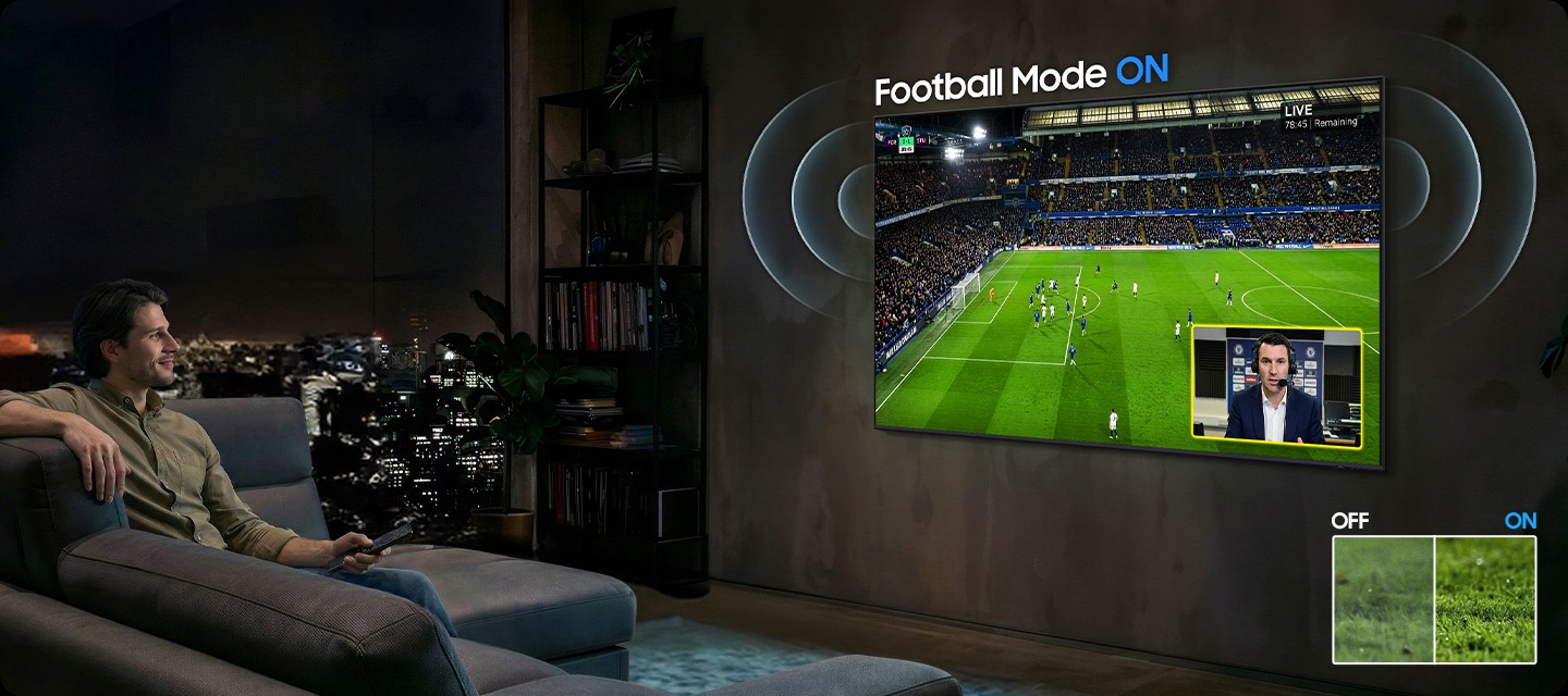 Man enjoys clear crowd and commentator sound with crisp, vibrant visuals with Football Mode ON compared to off on Samsung TV.