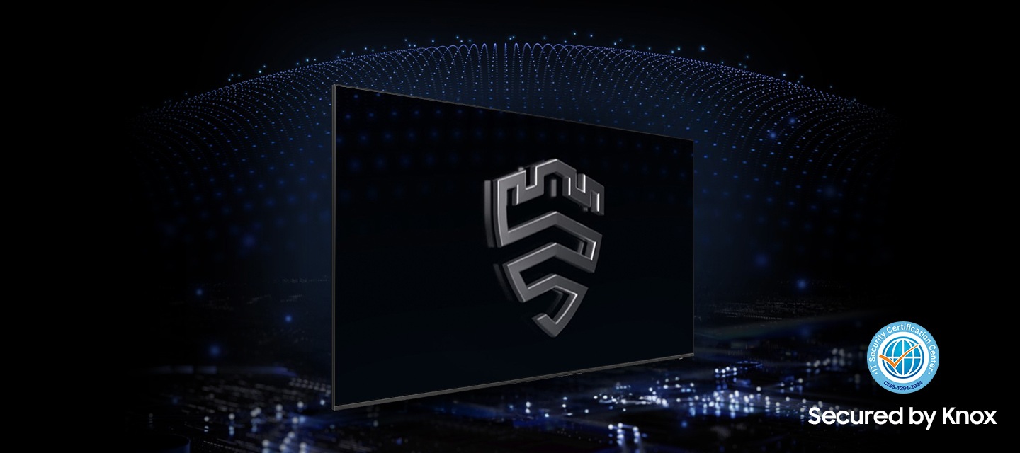 A multi-layered security solution is creating a dome-like enclosure behind a TV that's secured by Knox. The screen features the Samsung Knox emblem. Bottom right corner shows IT Security Certification Center badge. Underneath it reads ‘Secured by Knox’.