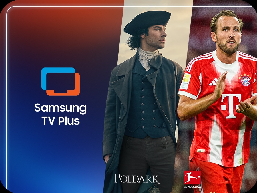 TV in a living room shows Samsung TV Plus home screen and the diverse TV channels available with it.