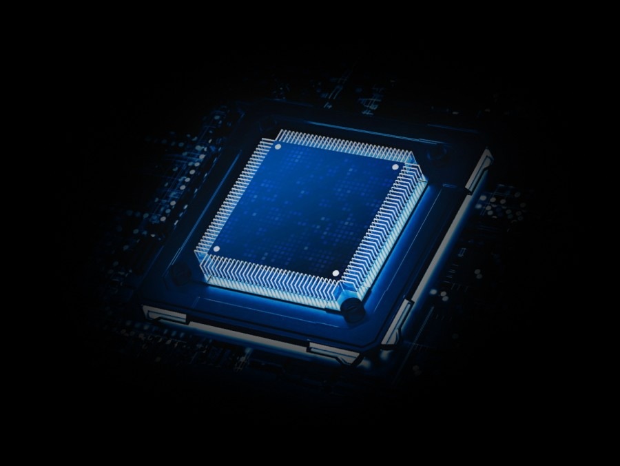 Samsung Mini LED Processor 4K chip descends on the TV's main board and lights up with waves of power surging from the chip to the rest of the TV.