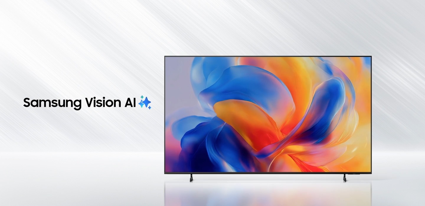The words Samsung Vision AI is accompanied by the Samsung AI logo. Nearby, a TV turns on to display abstract visuals.