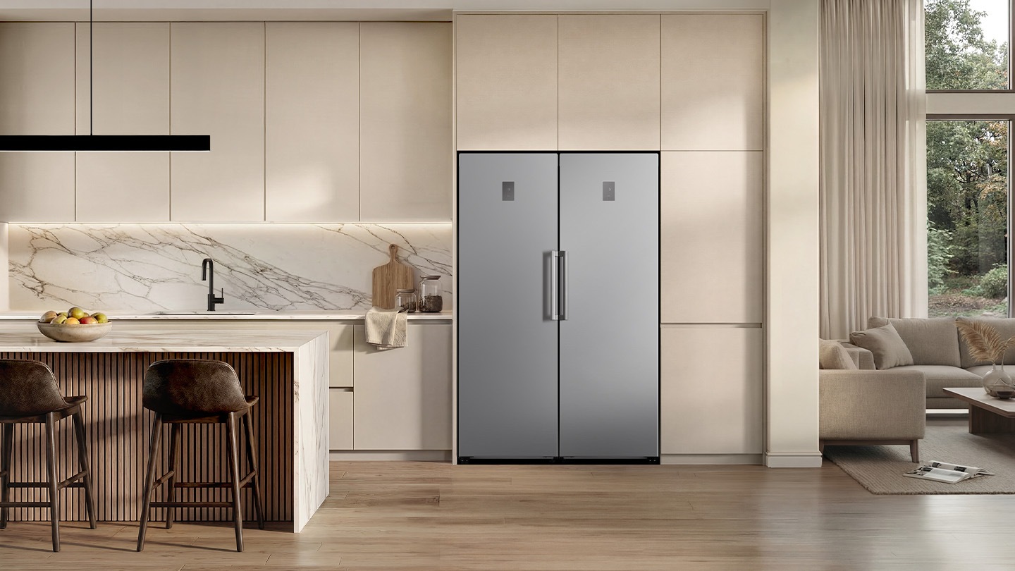 The fridge and freezer set are installed in the Kitchen.